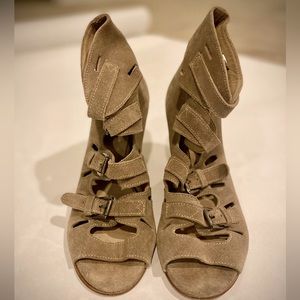 ‘Surface to Air’ Suede Buckle taupe suede wedge heeled shoes